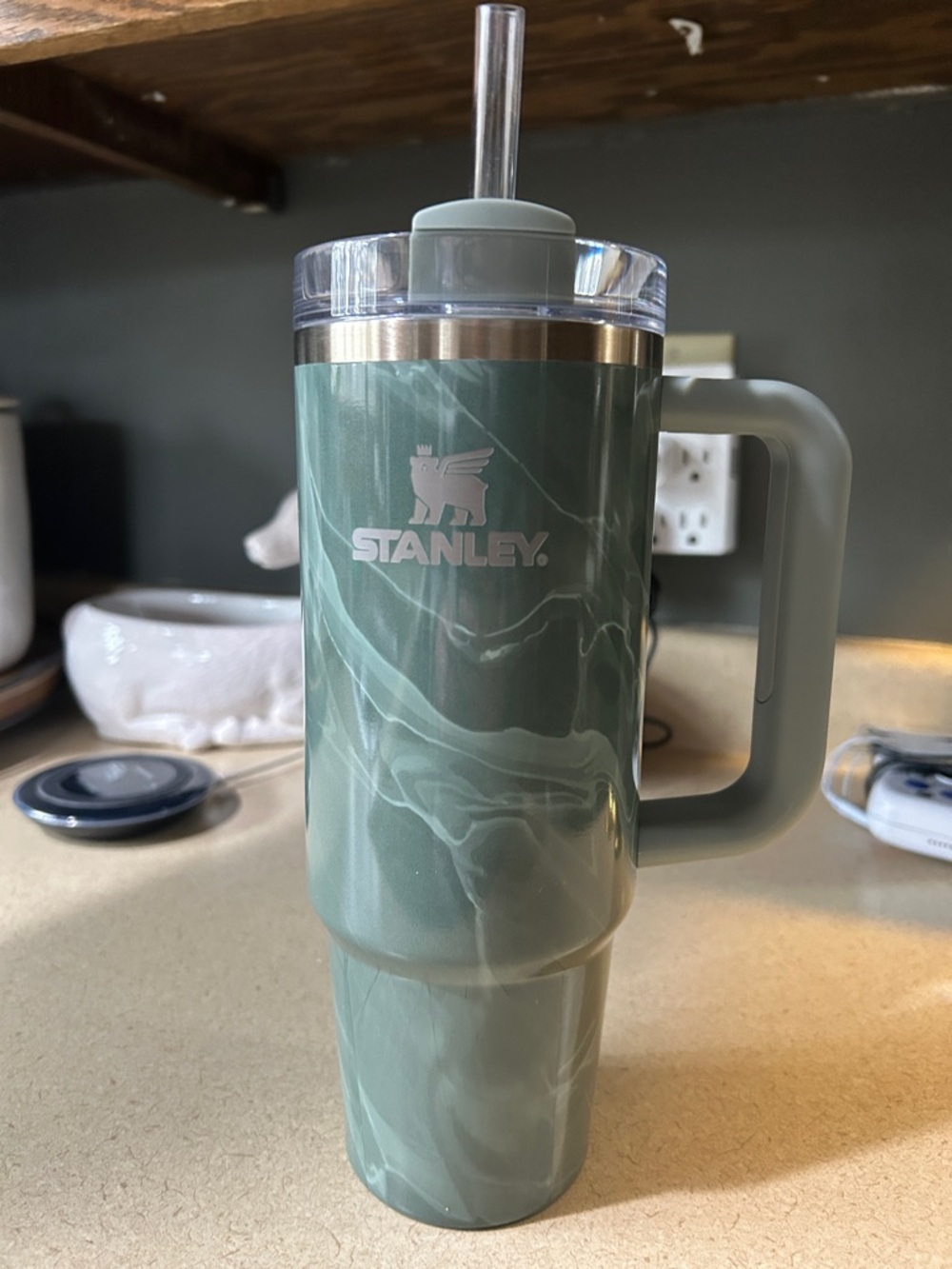 Stanley Sage Green Marble Agate Travel Tumbler with Handle & Straw 30oz